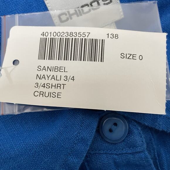 Chico's Sanibel Nayali Button Tunic Top Size 0 US S Cruise Blue 3/4 Sleeve NEW - Picture 8 of 9
